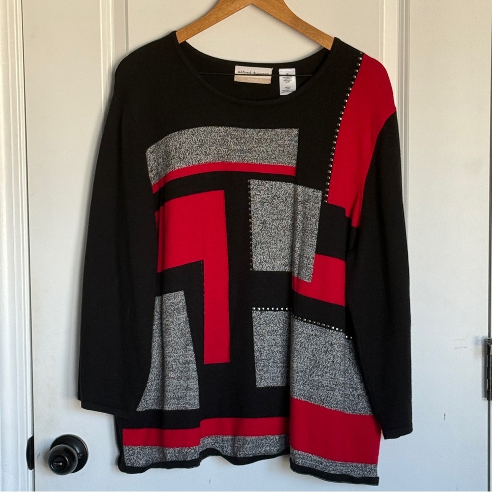 Alfred Dunner Sweater Women's Red Gray Black Stripe Pullover Long Sleeve Size 2X